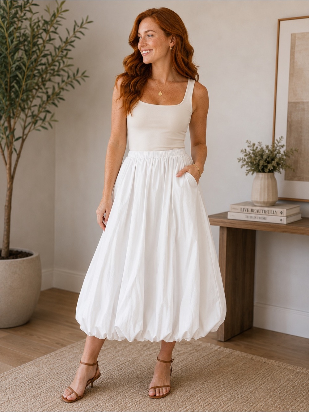 LOFT White Balloon Hem Midi Skirt